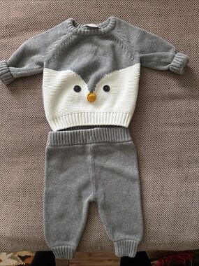 Hanna Andersson Gray and Cream Knit Penguin Sweater Set